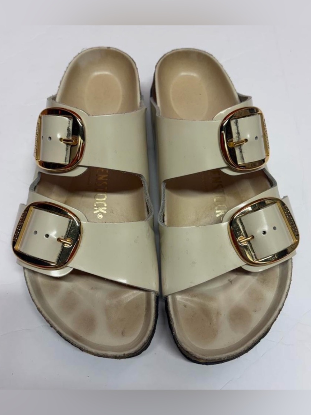 Birkenstock Arizona Two-Strap Sandal in Cream with Gold Buckles